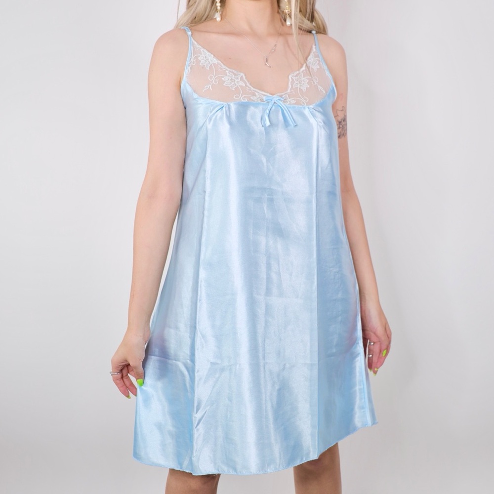 PASTEL BLUE SLIP DRESS W/ LACE TRIM